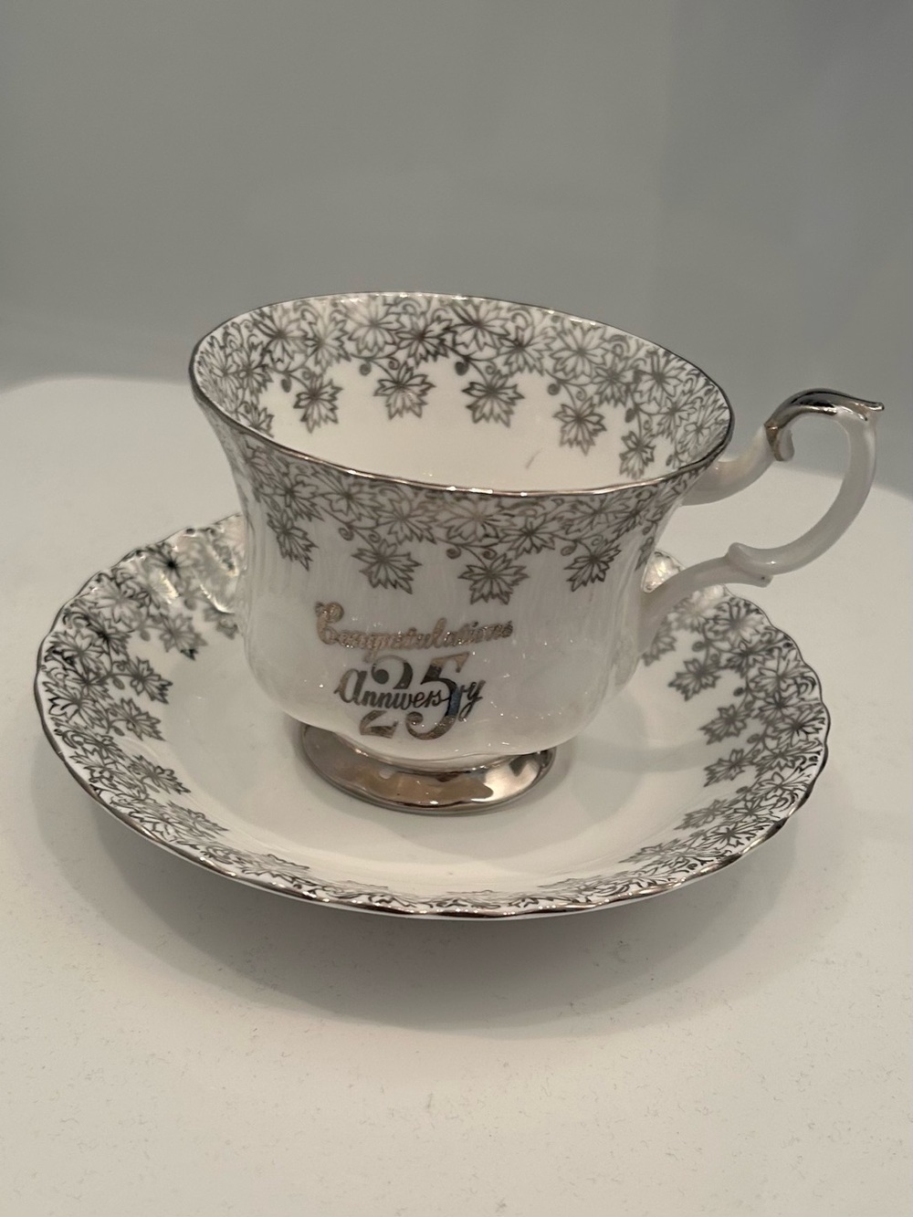 Royal Albert 25th Silver Anniversary  Teacup & Saucer in Silver and White